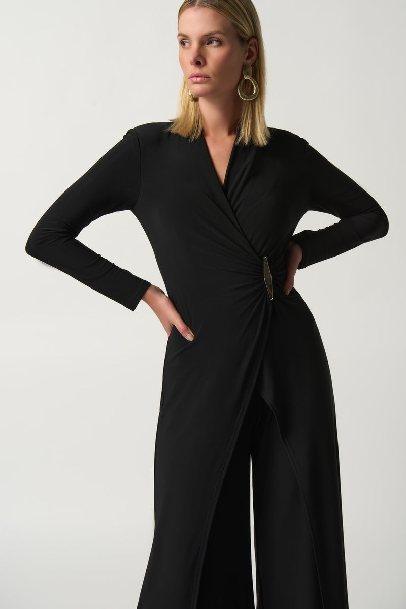 Sleek Surplice Style Jumpsuit with Gold Waist Accent