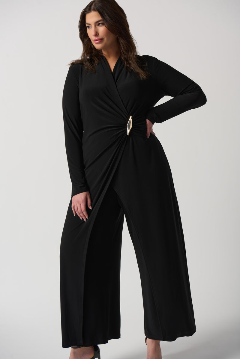 Sleek Surplice Style Jumpsuit with Gold Waist Accent