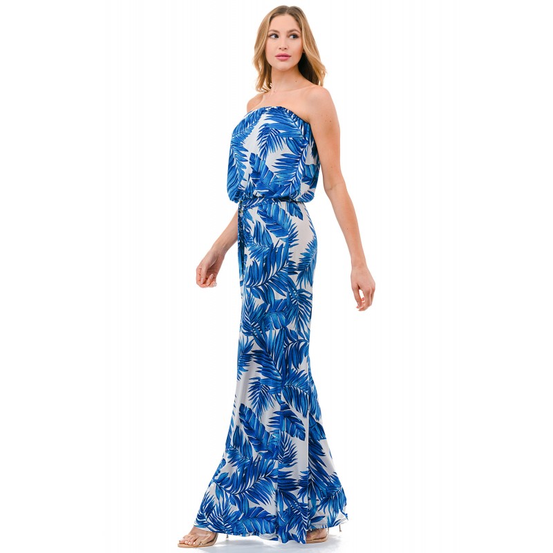 Blue Multi Strapless Jumpsuit