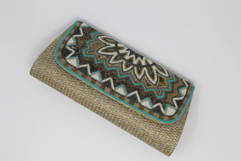 Embroidered Gold Rattan Clutch